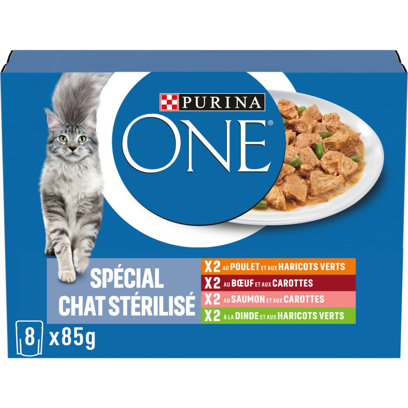 PURINA ONE - Spécial Chat Stérilisé Patée Assortiment Boeuf Poulet Saumon Dinde - 8 sachets de 85 g Sonico.fr