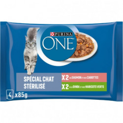 PURINA ONE - Spécial Chat Stérilisés Patée Assortiment Saumon Dinde - 4 sachets de 85 g Sonico.fr