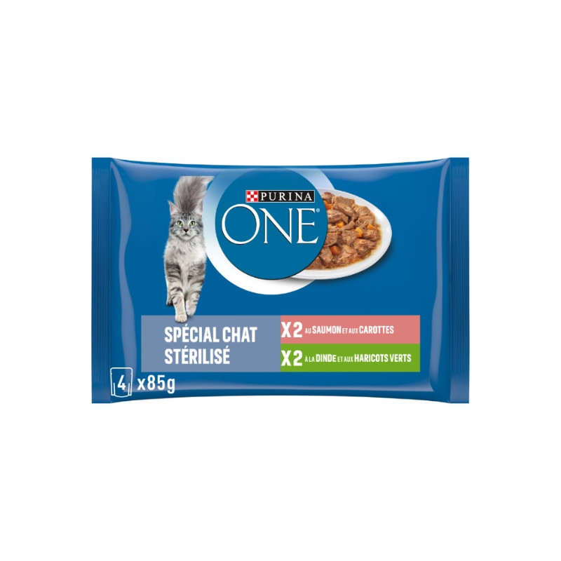 PURINA ONE - Spécial Chat Stérilisés Patée Assortiment Saumon Dinde - 4 sachets de 85 g Sonico.fr