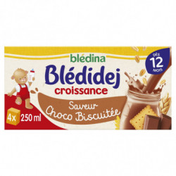 BLEDINA - Blédidej Lait et céréales Saveur choco biscuité bébé dès 12 mois - paquet de 4x250 ml  Sonico.fr