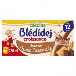 BLEDINA - Blédidej Lait et céréales Saveur choco biscuité bébé dès 12 mois - paquet de 4x250 ml  Sonico.fr